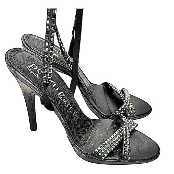PEDRO GARCIA Studded Black Leather High Heel Sandals Stiletto Sz 6.5 US EU 36.5 - Picture 5 of 9